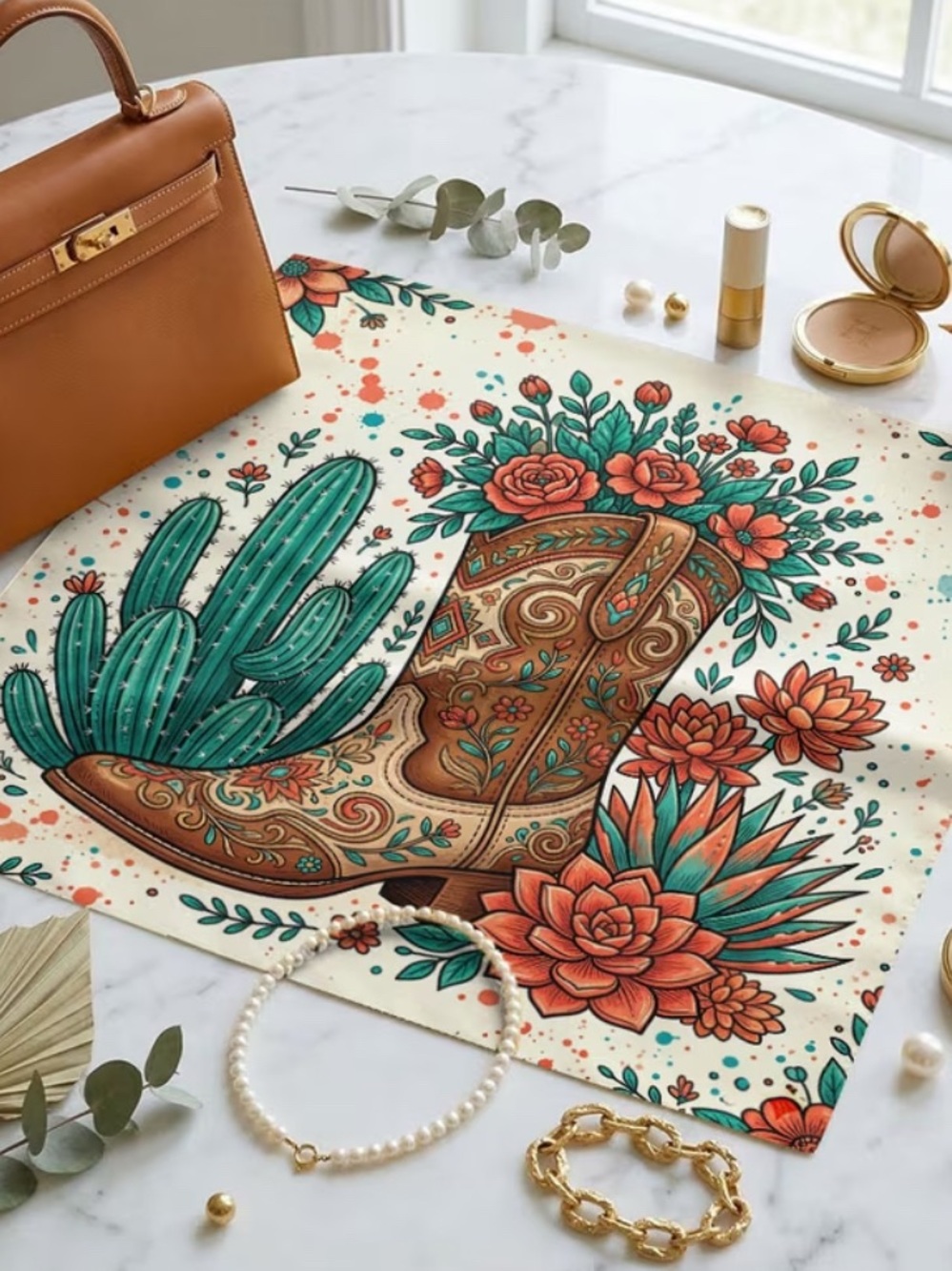 WESTERN Cowgirl Boot Print Scarf - Teal & Coral Floral